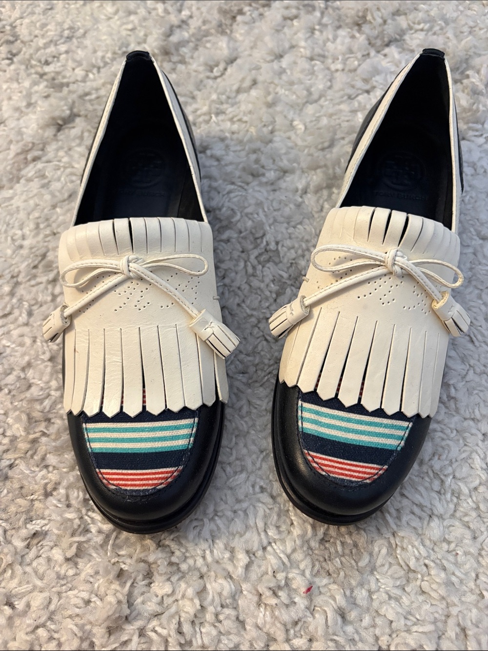 Tory Burch Cream Fringe Leather Loafers with Multicolor Striped Toe
